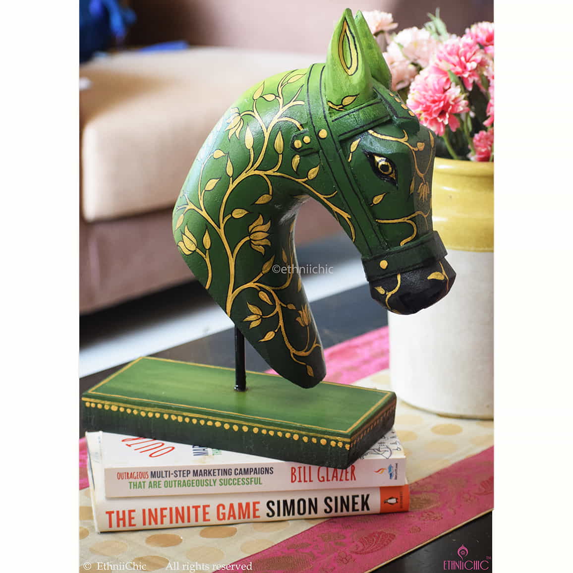 Hand Painted Wooden Horse Head on stand - Olive Green image 0