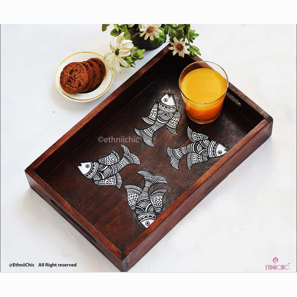 Hand Painted Madhubani Fish Solid Wood Serving Tray image 1