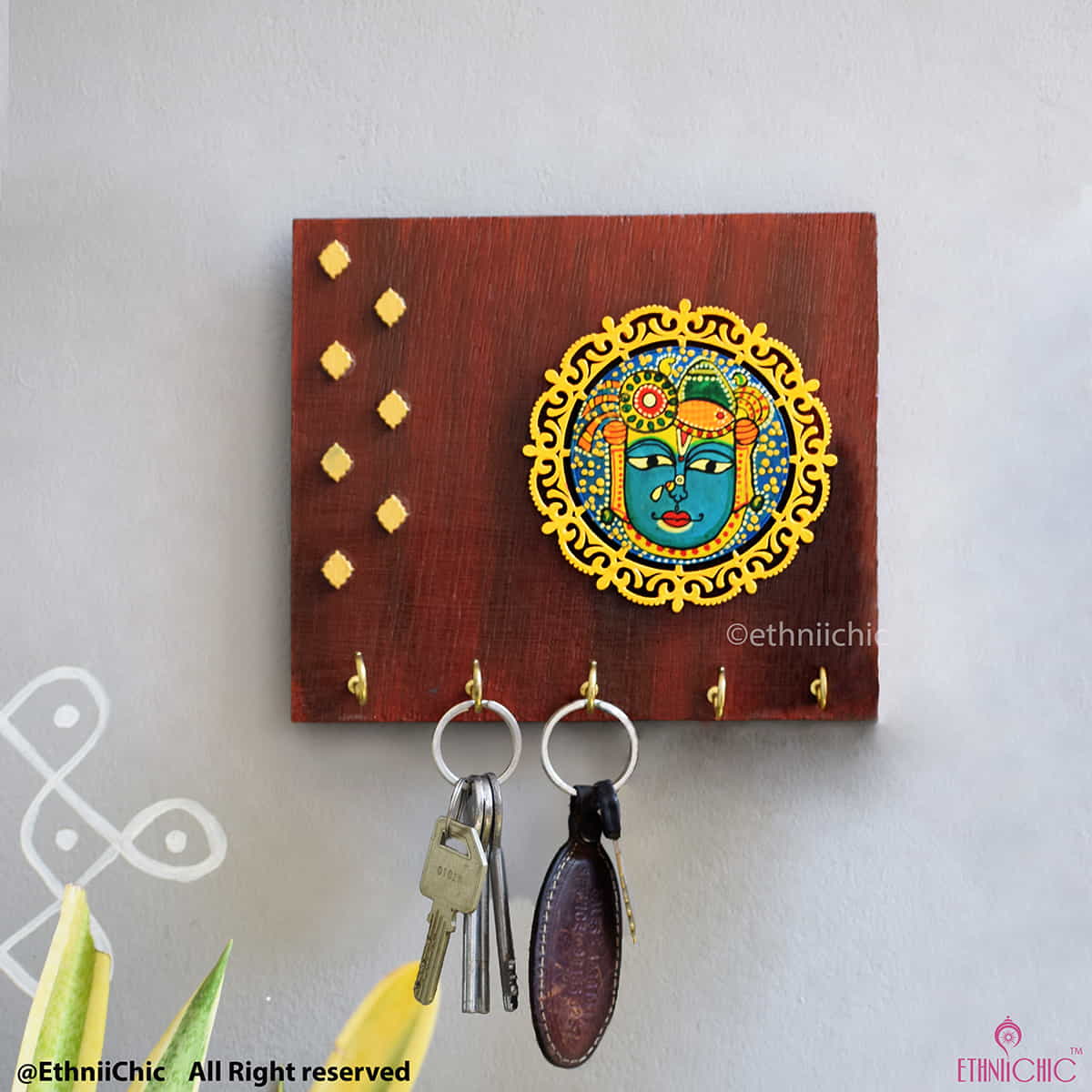 Pichwai Sreenathji Hand-Painted Wooden Key Holder image 0