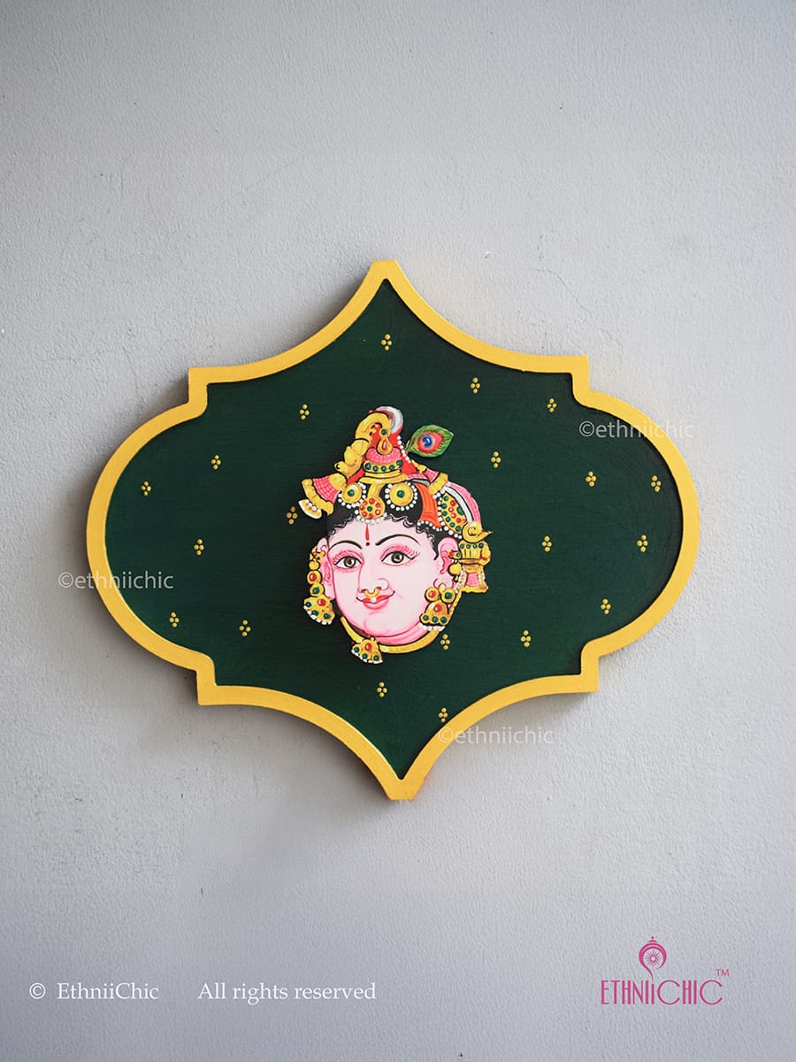 Handpainted Krishna Wooden Wall Plaque - 10"