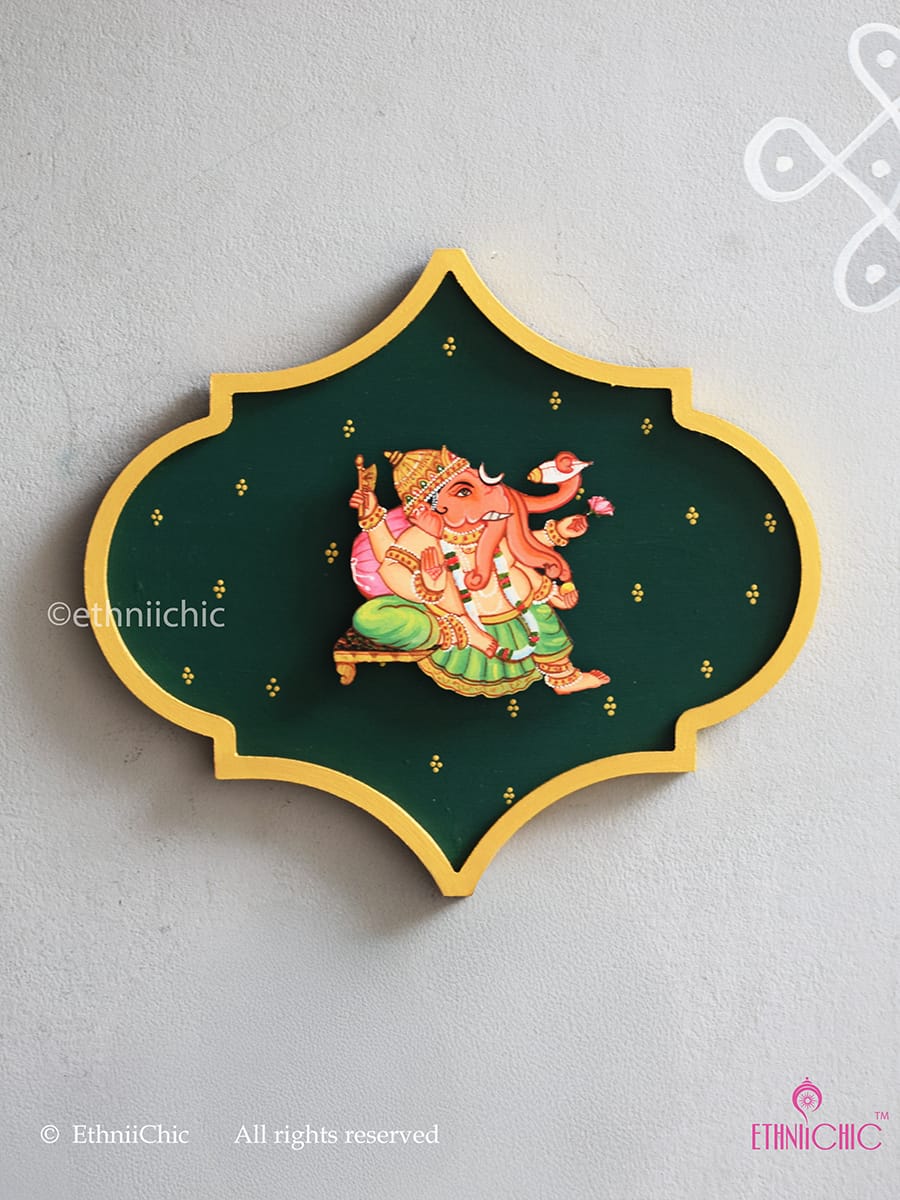 Handpainted Ganesha Wooden Wall Plaque - 10"