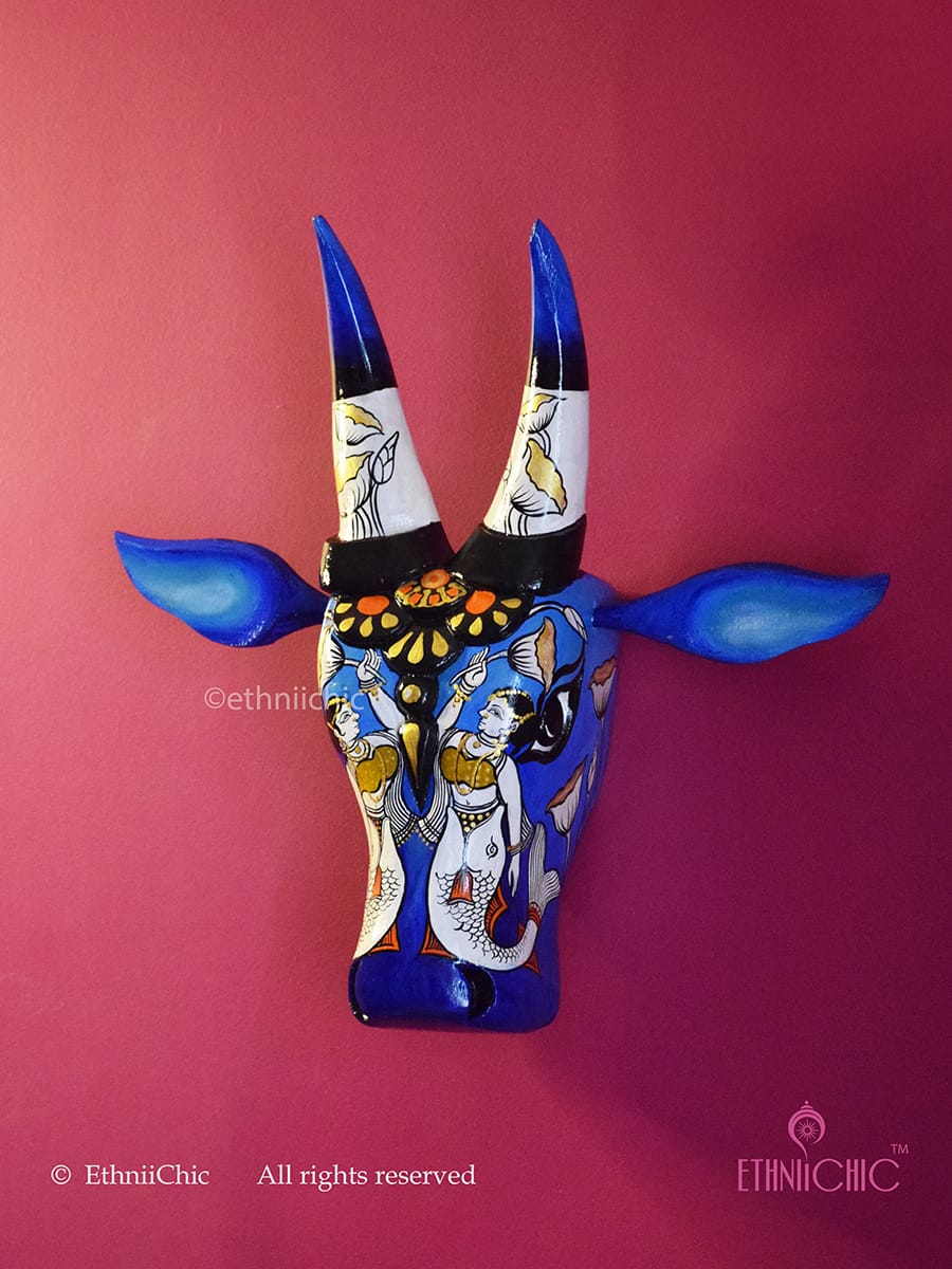 15" Hand-painted Wooden Cow Head in Blue