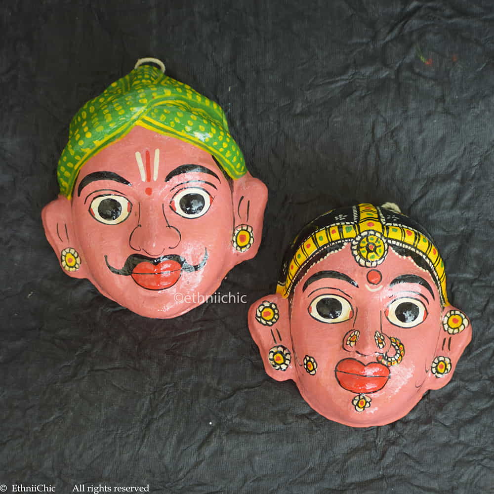 Handmade Peach Cheriyal Mask - Wall Decor image 0