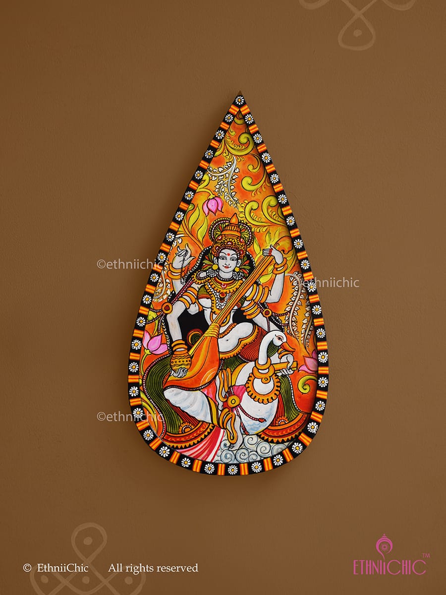 Handpainted Kerala Mural Saraswathi Wooden Wall Plaque 15"