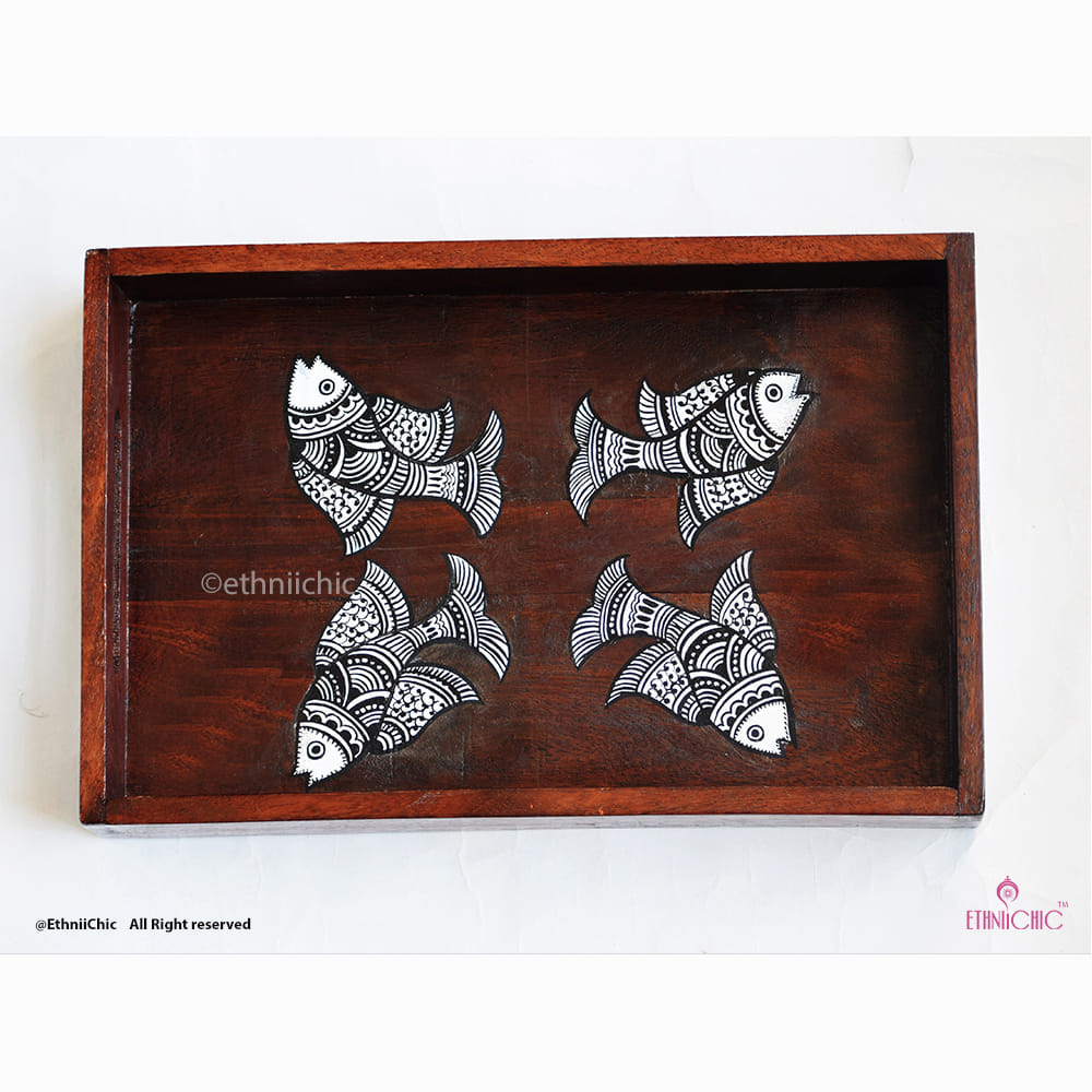 Hand Painted Madhubani Fish Solid Wood Serving Tray image 2