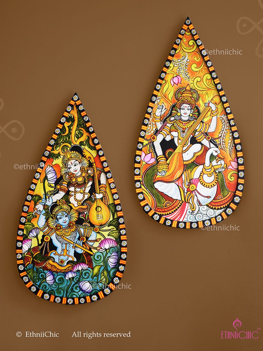 Handpainted Kerala Mural Wooden Wall Plaque 15" - Set of 2