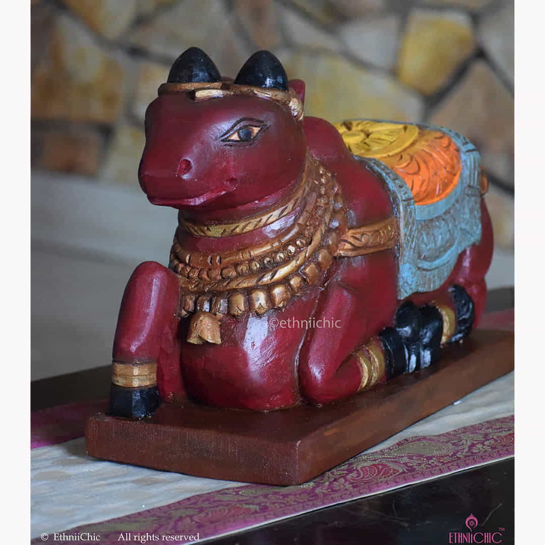 Wooden Hand painted Maroon Nandi - 17 " image 1
