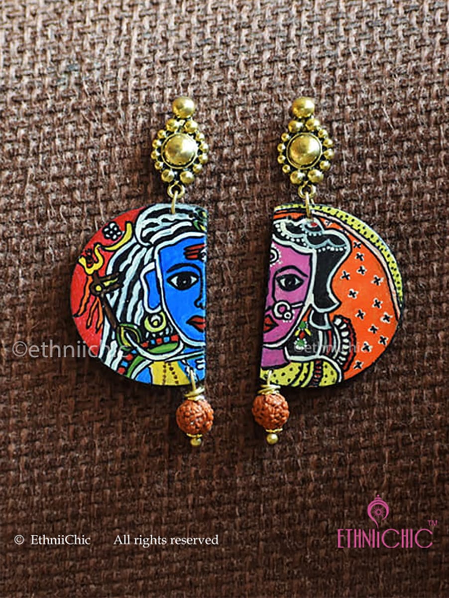 Madhubani Hand-painted Earring - Ardhanarishwar