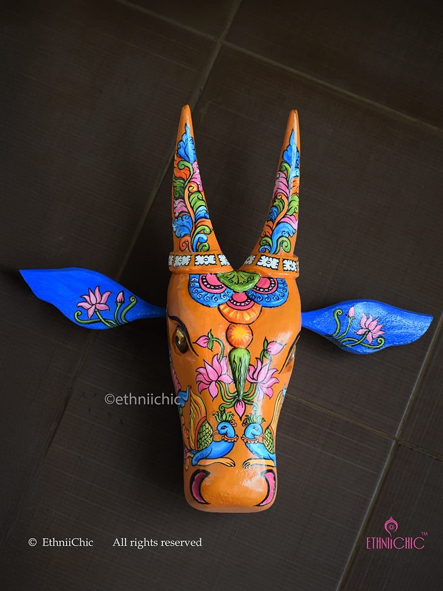 15" Hand-painted Wooden Bull Head - Kerala Mural Motifs