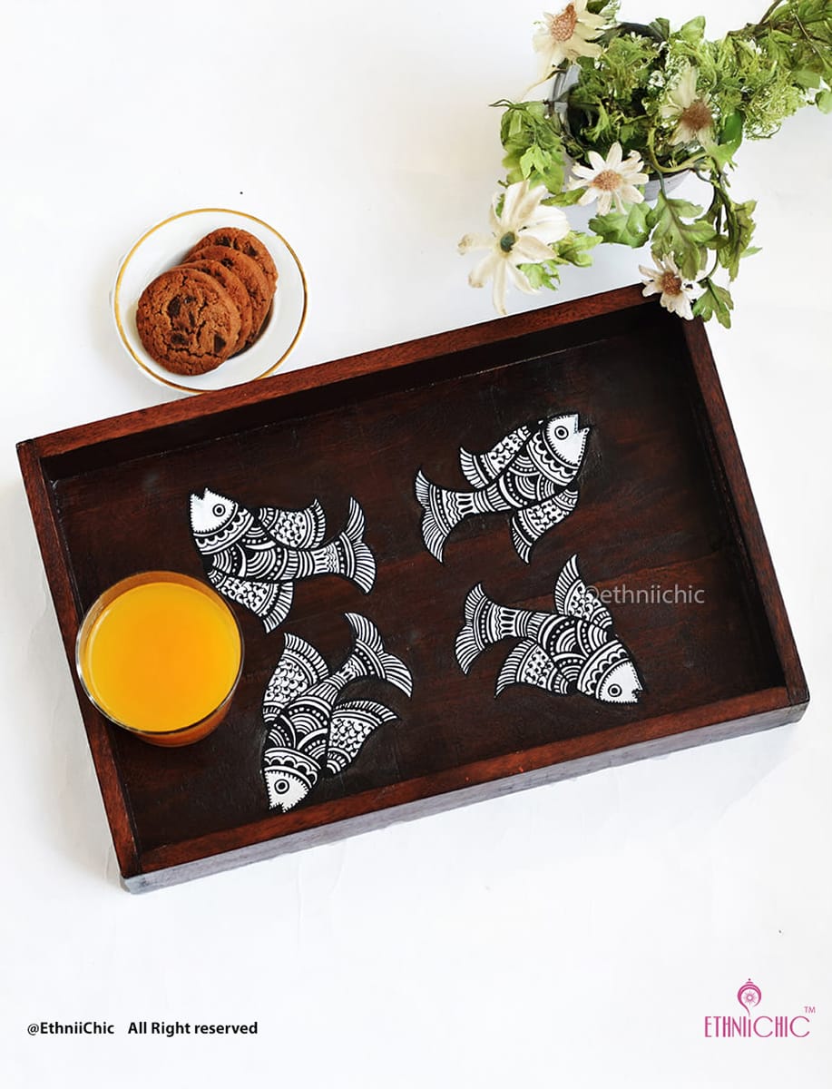 Hand Painted Madhubani Fish Solid Wood Serving Tray
