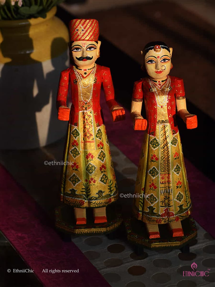 Wooden Gangaur Dolls 12" - Red & Gold