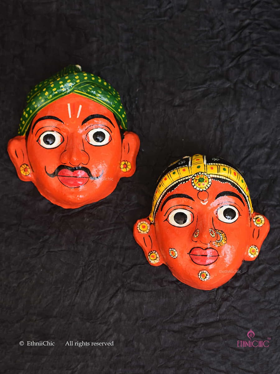 Handmade Orange Cheriyal Mask - Wall Decor