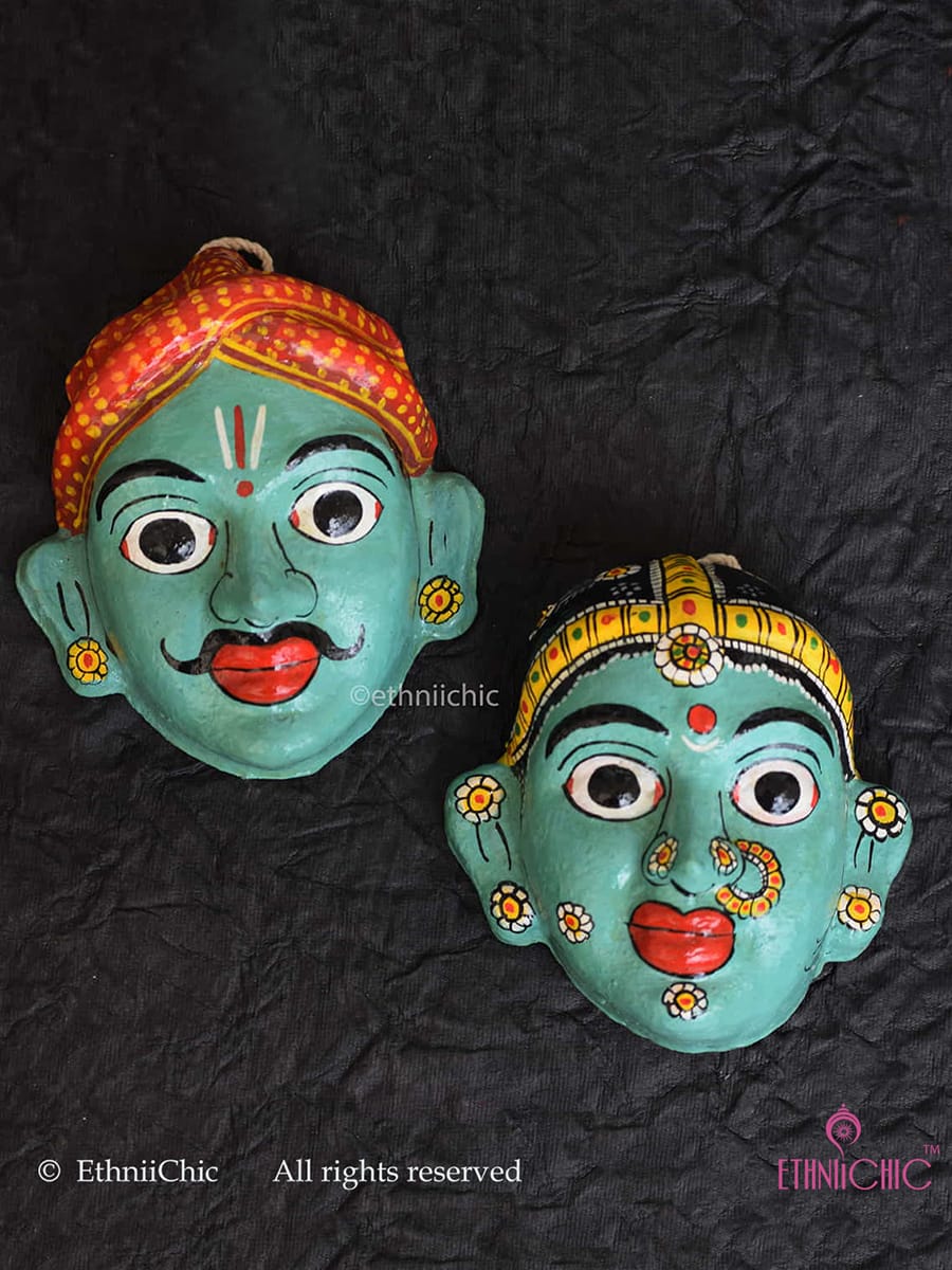 Handmade Teal Cheriyal Mask - Wall Decor