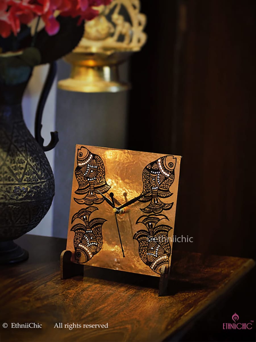 Hand painted Madhubani Fish Table Clock