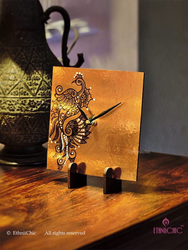 Hand painted peacock Table Clock