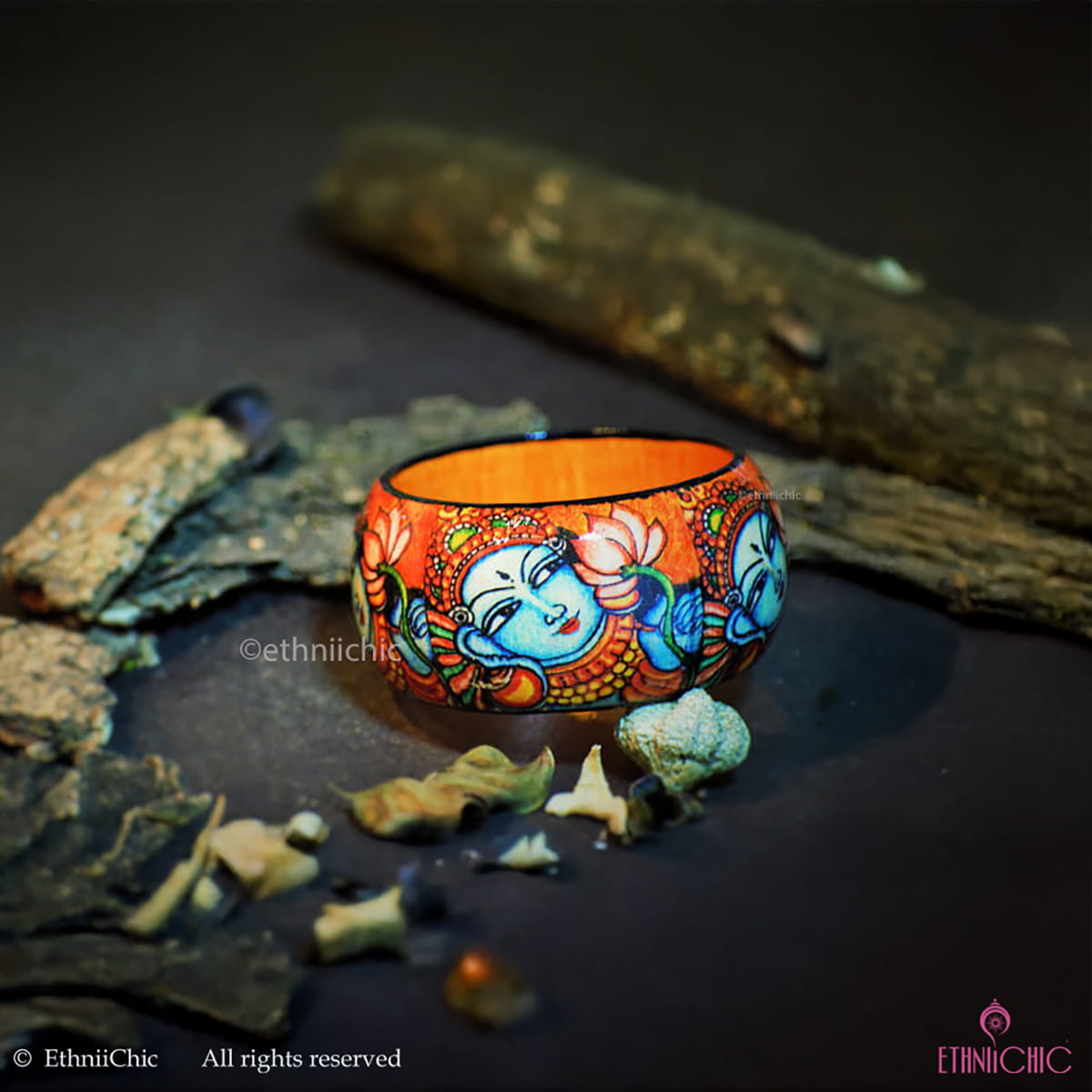 Kerala Mural Orange Hand crafted Wooden Bangle