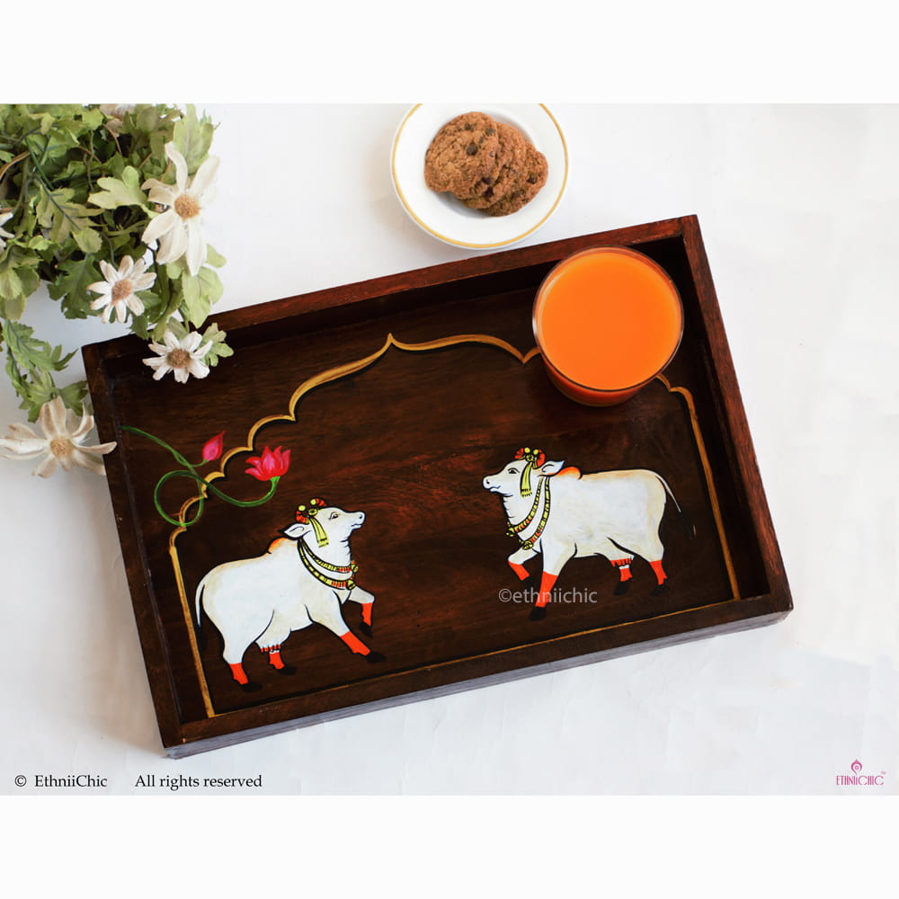Hand Painted Cow Solid Wood Serving Tray image 0