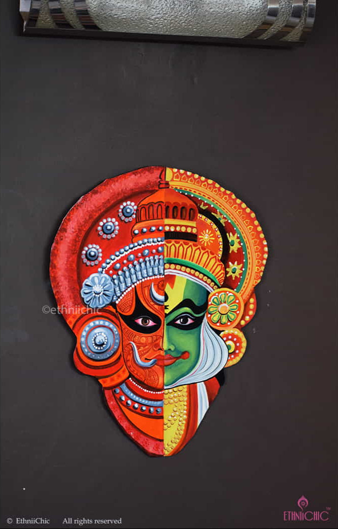 Handpainted Wooden Wall Mounting Kathakali & Theyyam Plaque image 0