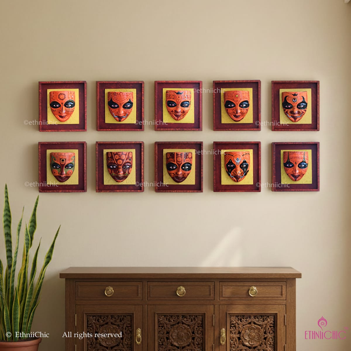 EthniiChic-Handpainted-Theyyam-Terracotta-Faces-Set-of-10-Wall-Decor