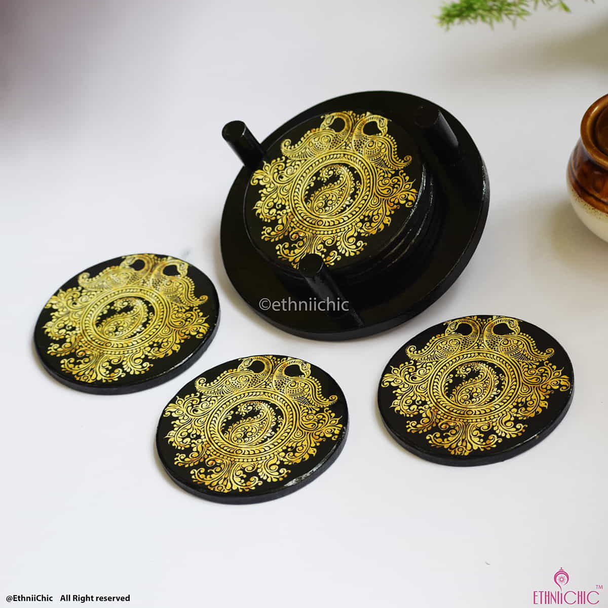 Wooden Tea Coasters - Round - Golden Peacock image 3