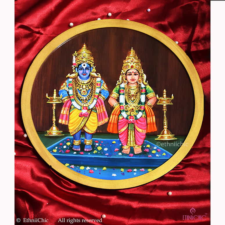 Hand painted Wooden Wall Plate Vittal Rukmini - 12" image 0