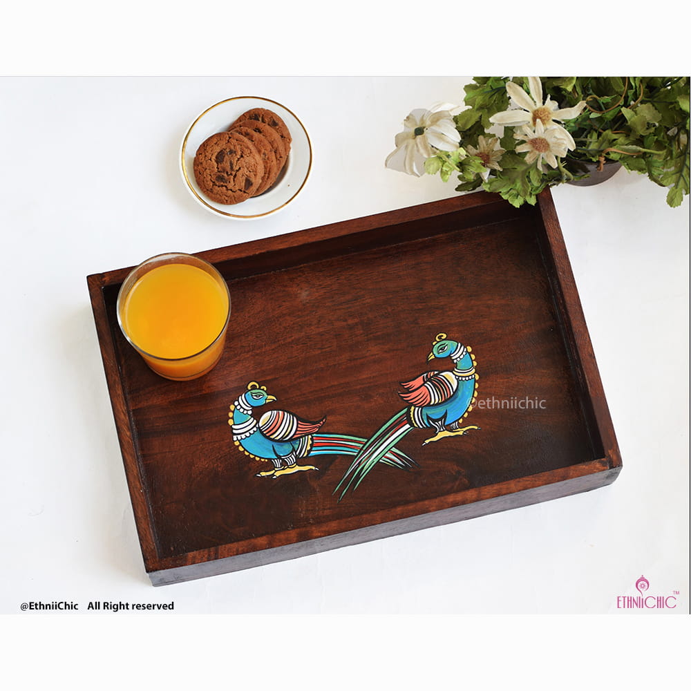 Hand painted Peacocks Solid Wood Serving Tray image 0
