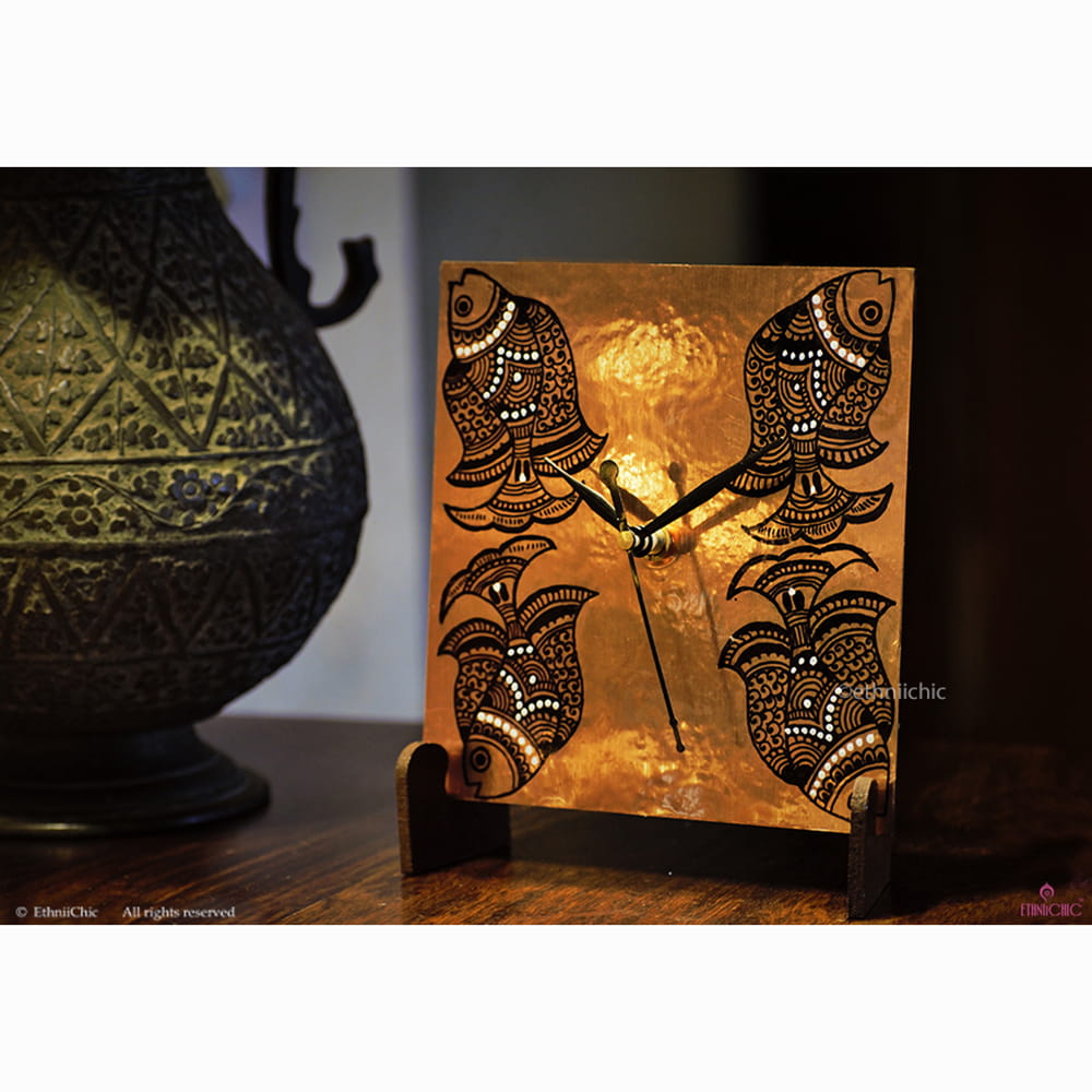 Hand painted Madhubani Fish Table Clock image 2
