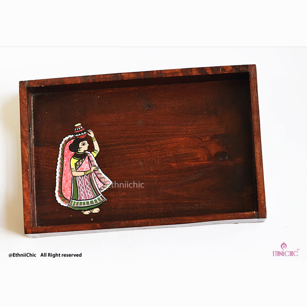 Hand painted Madhubani Lady Solid Wood Serving Tray image 2
