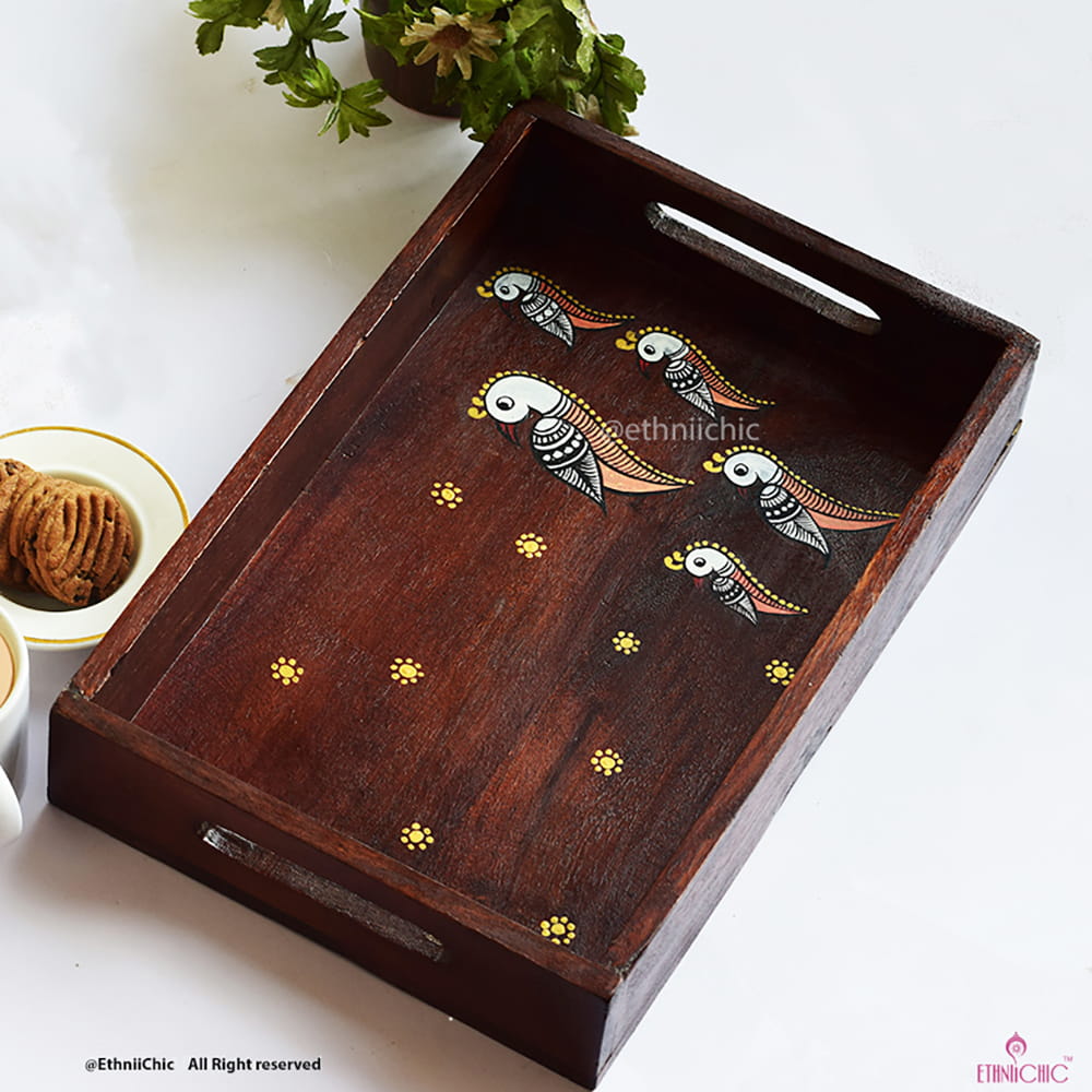 Hand Painted Parrots Solid Wood Serving Tray image 3