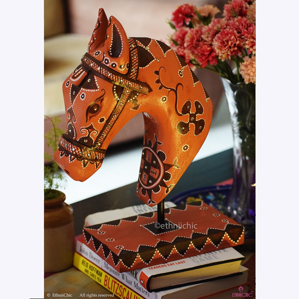 Hand Painted Wooden Horse Head on stand - Khavda image 1