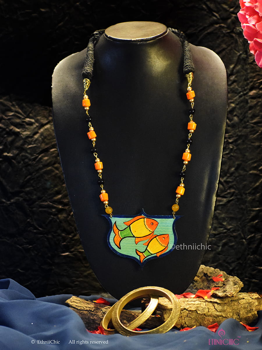Hand painted Madhubani Fish Neck piece