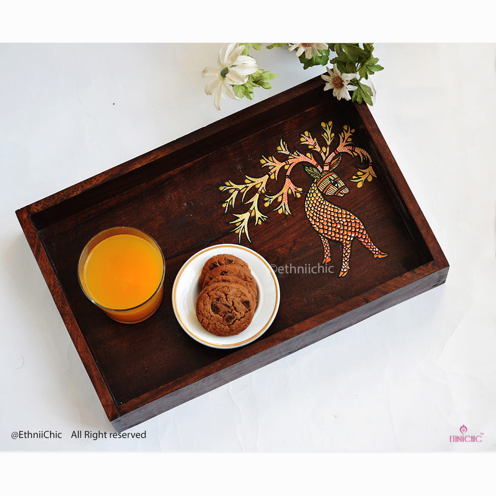 Hand Painted Deer Solid Wood Serving Tray image 0