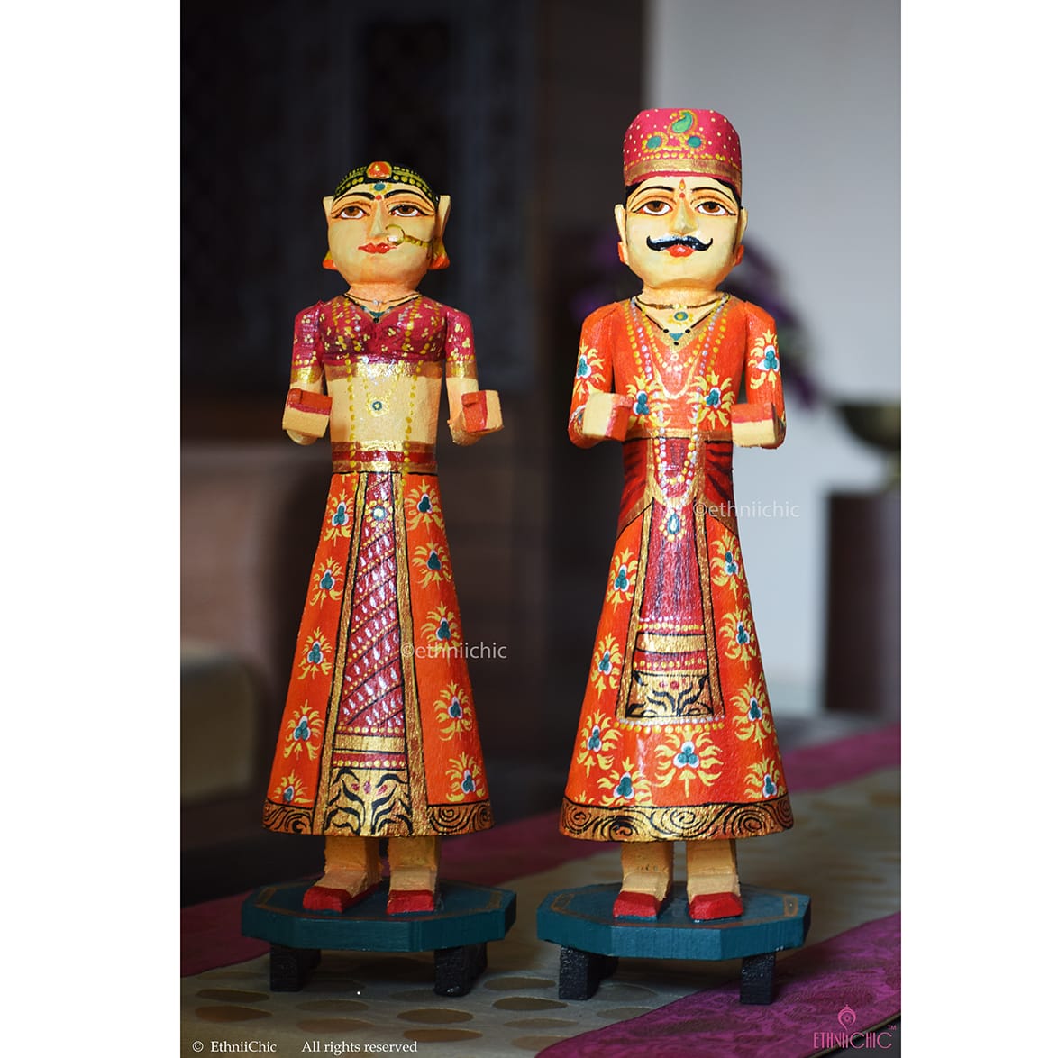 Wooden Gangaur Dolls 12"- Orange & Pink image 0