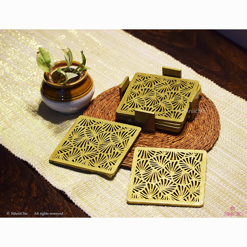 Hand Painted Jaali Coaster Set - Golden image 0