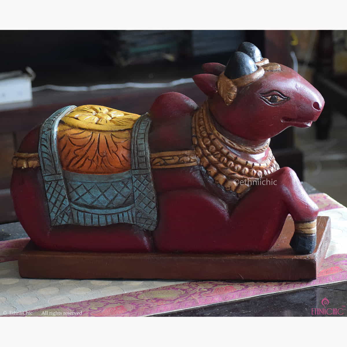 Wooden Hand painted Maroon Nandi - 17 " image 4