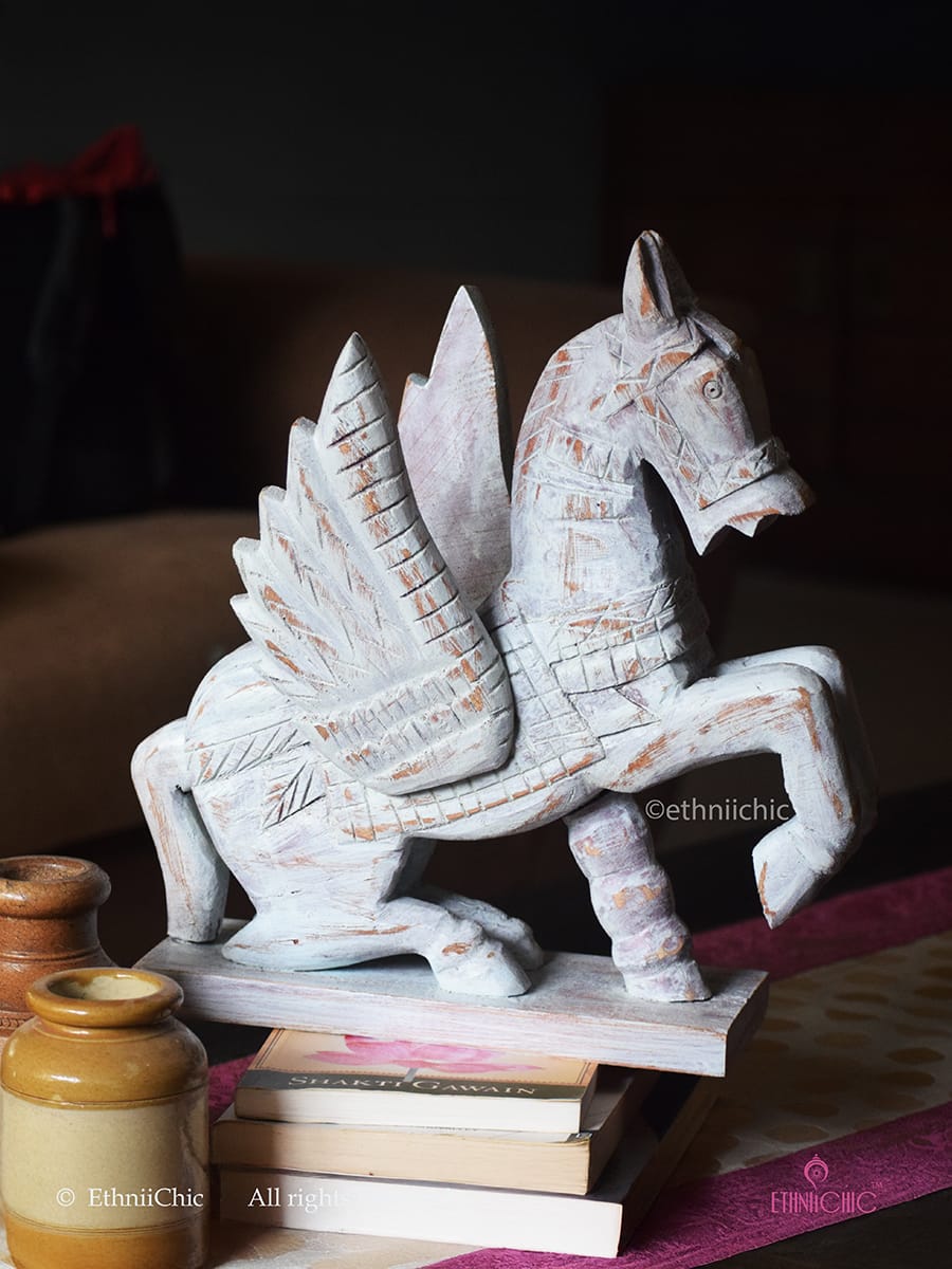 Hand Painted Wooden Flying Angel Horse in Distressed Finish