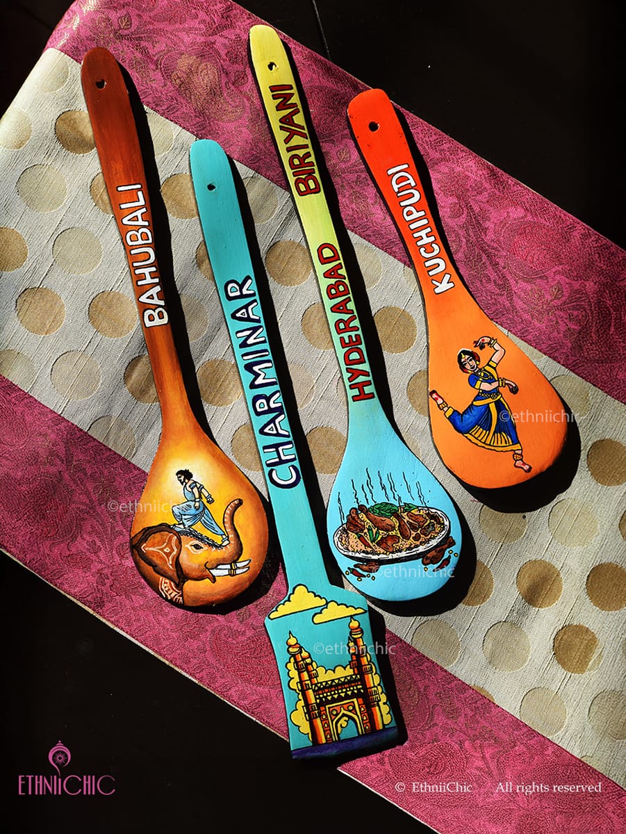 Hyderabad Inspired Hand painted Spatula Art Wall Decor - Set of 4