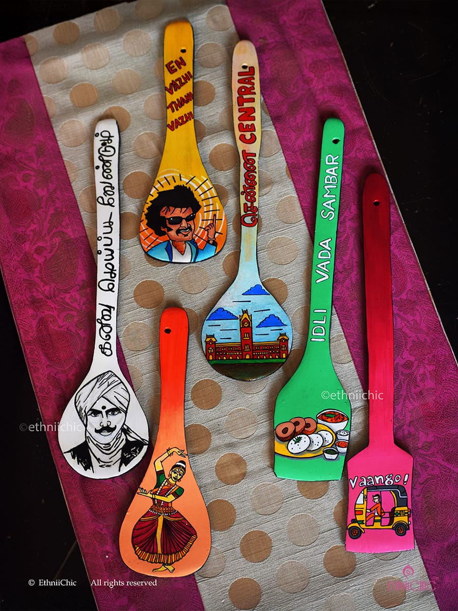 Chennai Inspired Hand painted Spatula Art Wall Decor - Set of 6