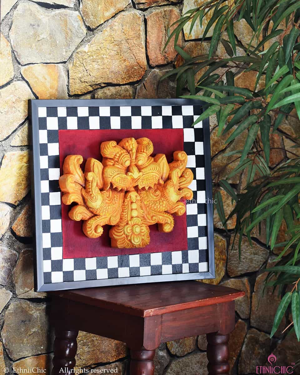 Handcarved Keerthimukha in Frame - Orange