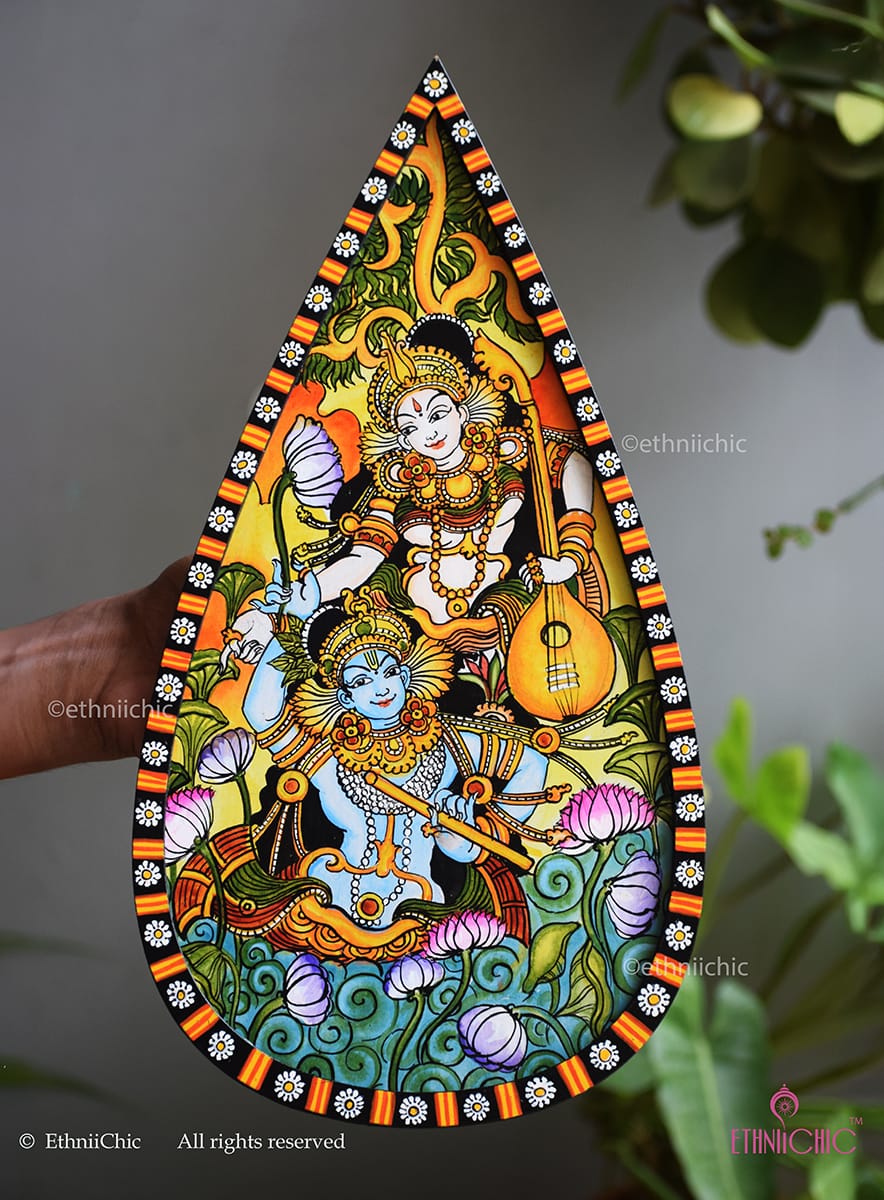 Handpainted Kerala Mural Wooden Wall Plaque 15"