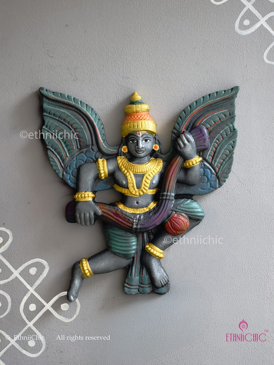 Wooden Handcarved Hand Painted Gandharva with Garland - Olive green
