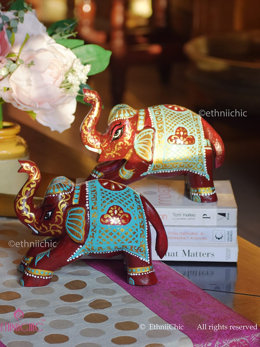 Hand Painted Wooden Elephant (Set of 2)