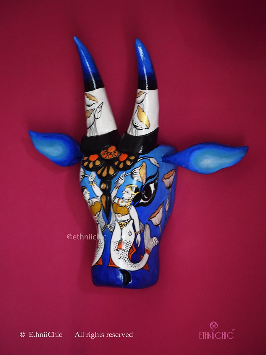 15" Hand-painted Wooden Cow Head in Blue
