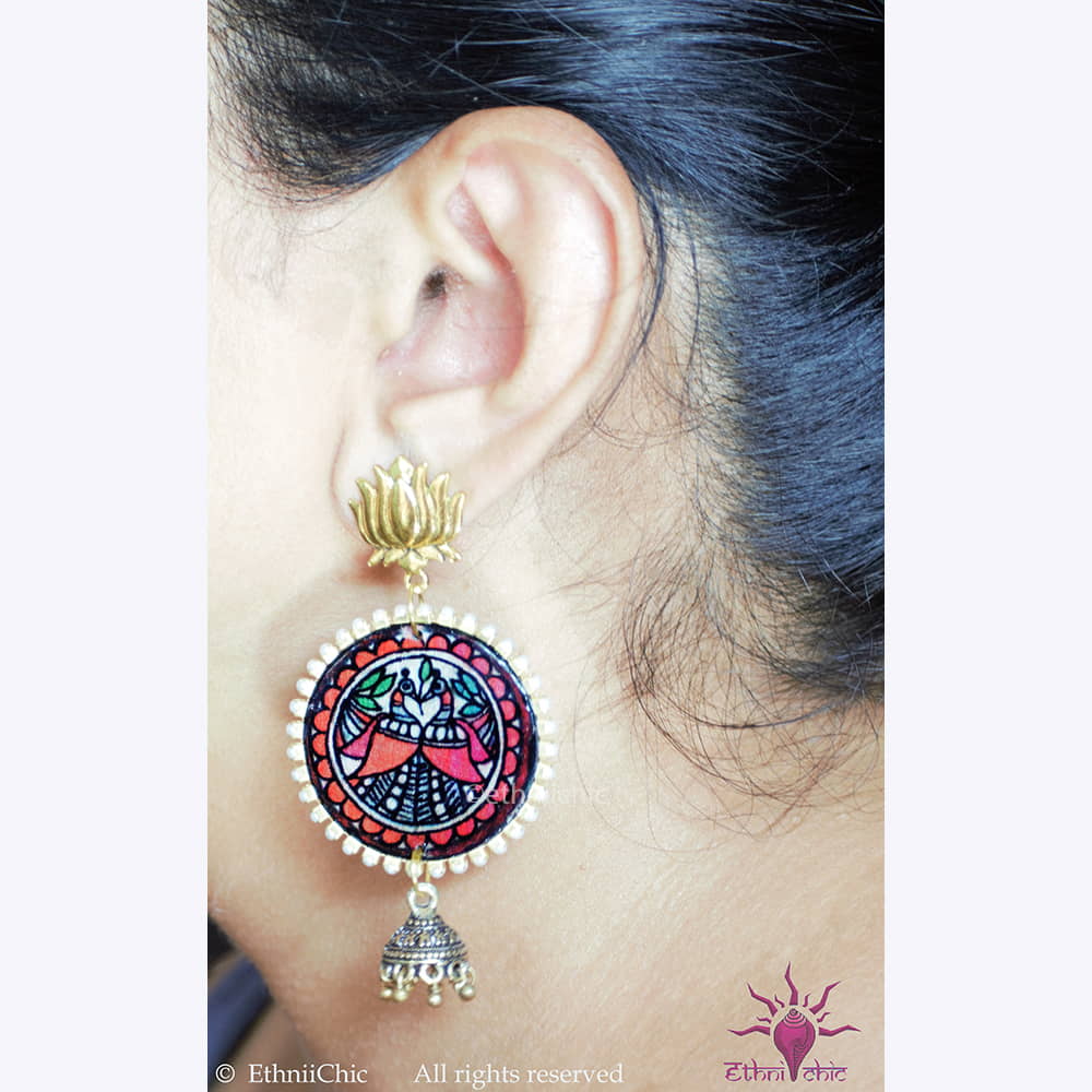 Handpainted Madhubani peacock earrings image 1