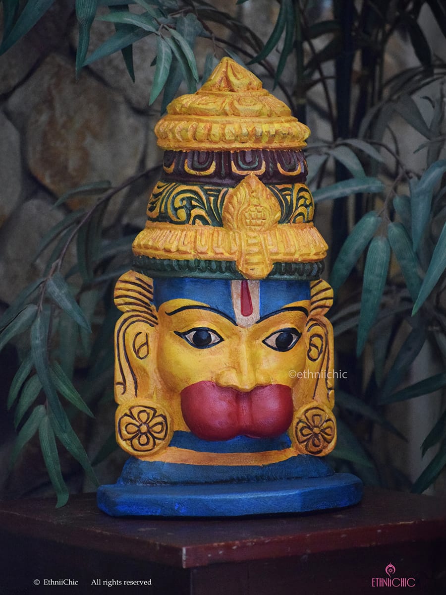 Wooden Hand Painted Hanuman Head - 12"