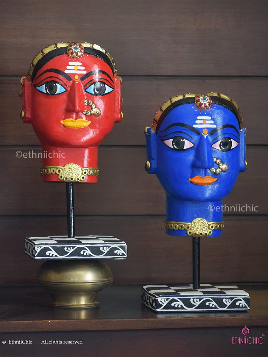 Wooden Hand painted Gauri Head - 13" (Set of 2)
