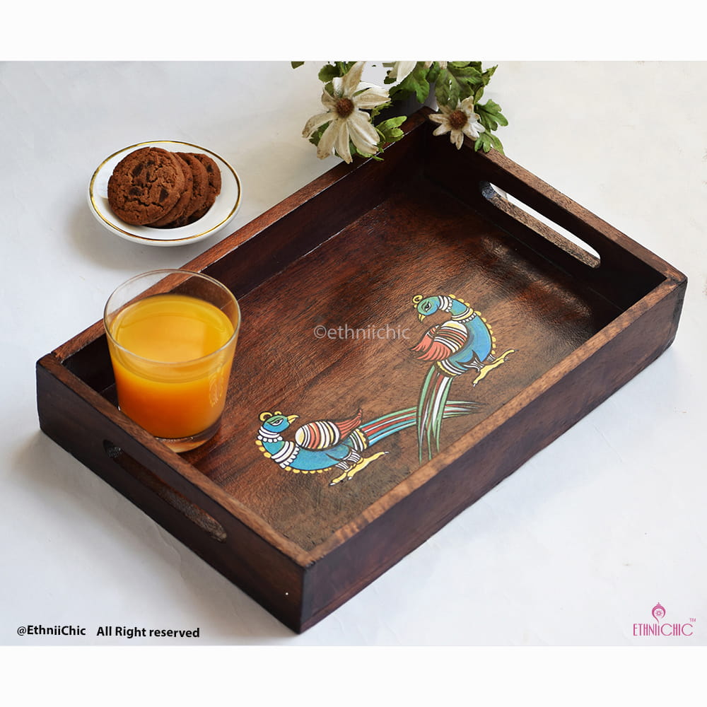 Hand painted Peacocks Solid Wood Serving Tray image 4