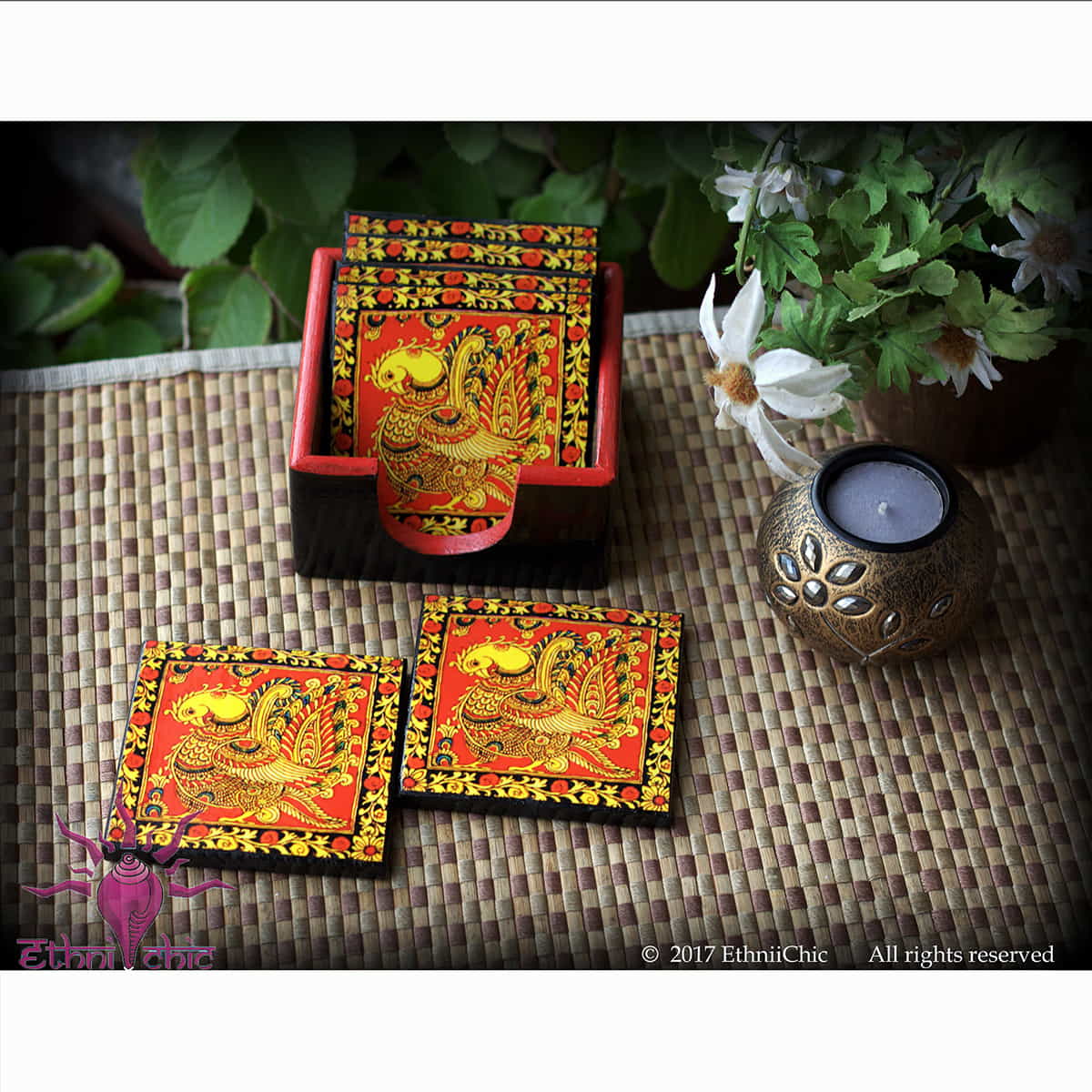 Wooden Tea Coasters - Kalamkari Peacock Red image 0