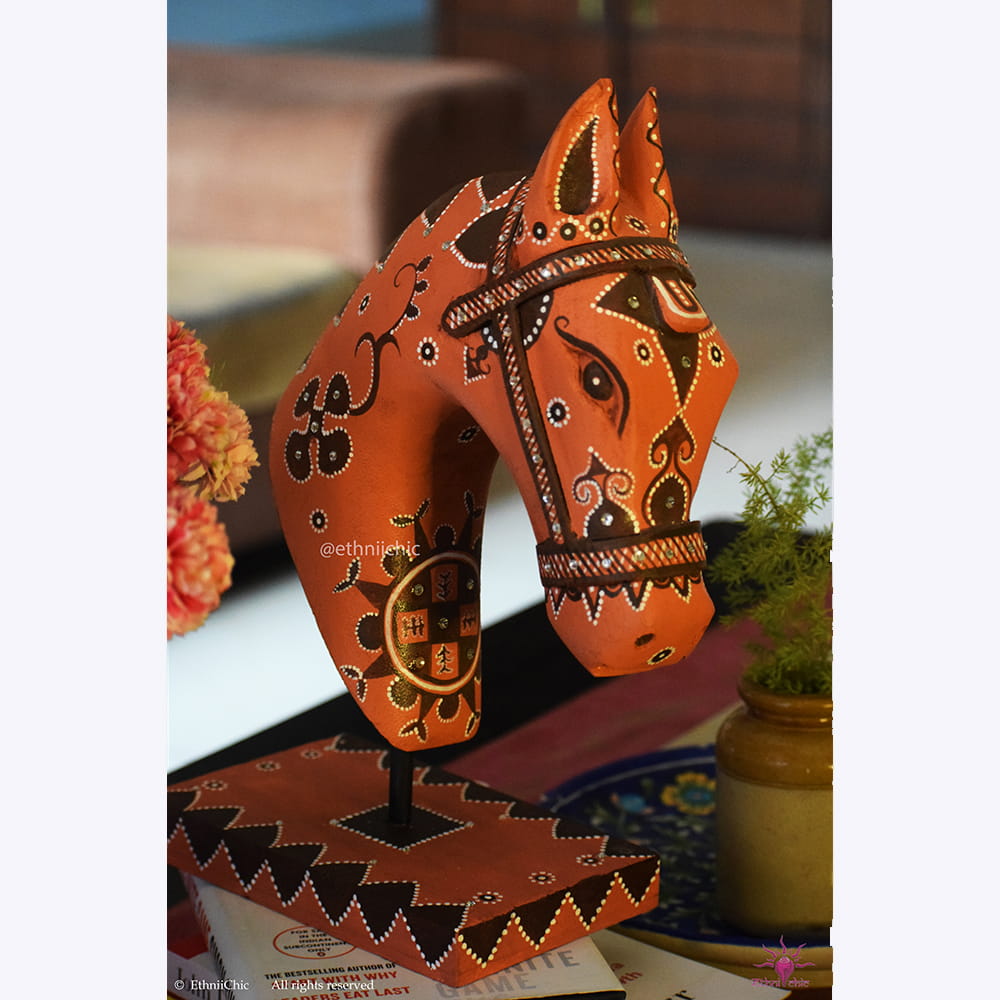 Hand Painted Wooden Horse Head on stand - Khavda image 3