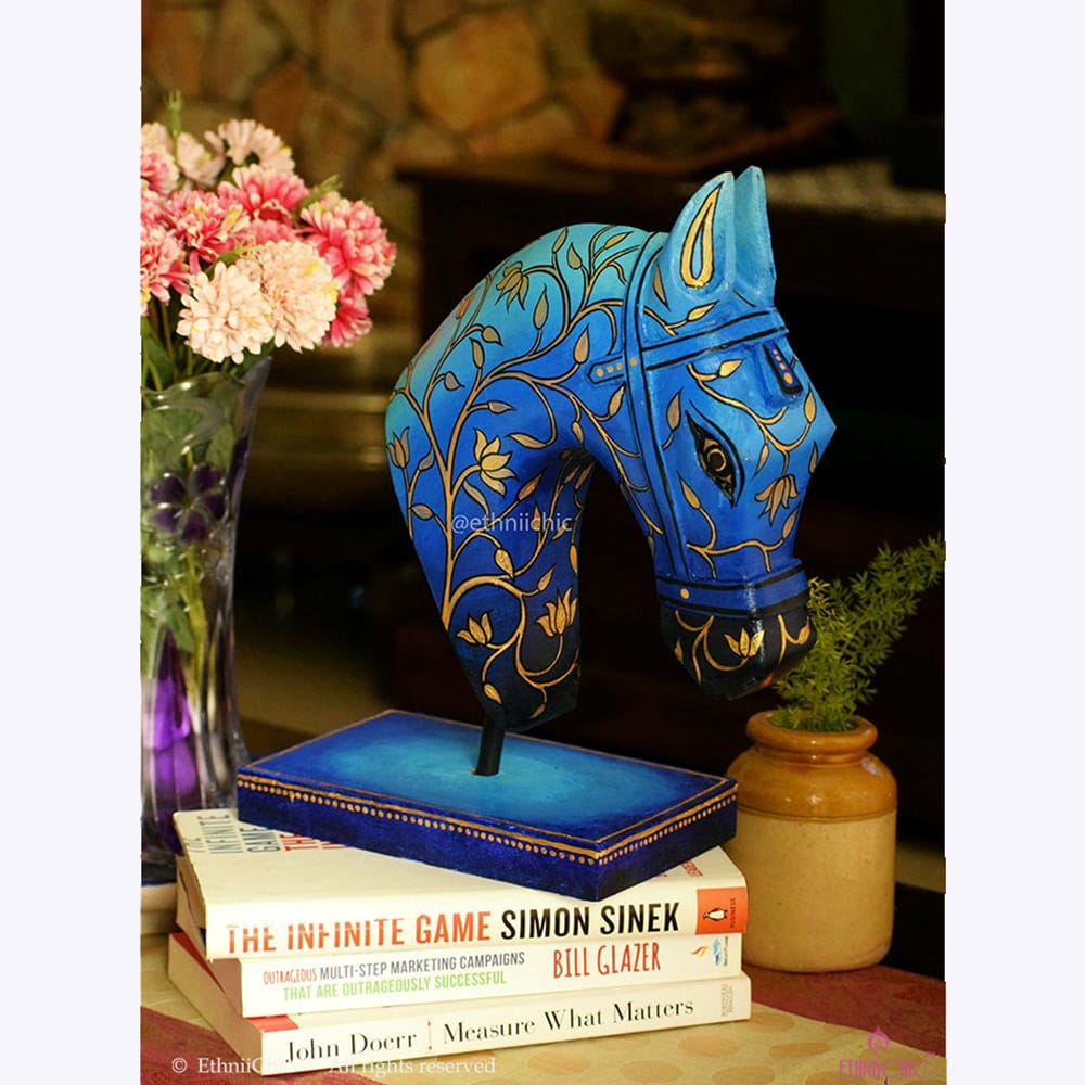 Hand Painted Wooden Horse Head on stand - Blue image 0